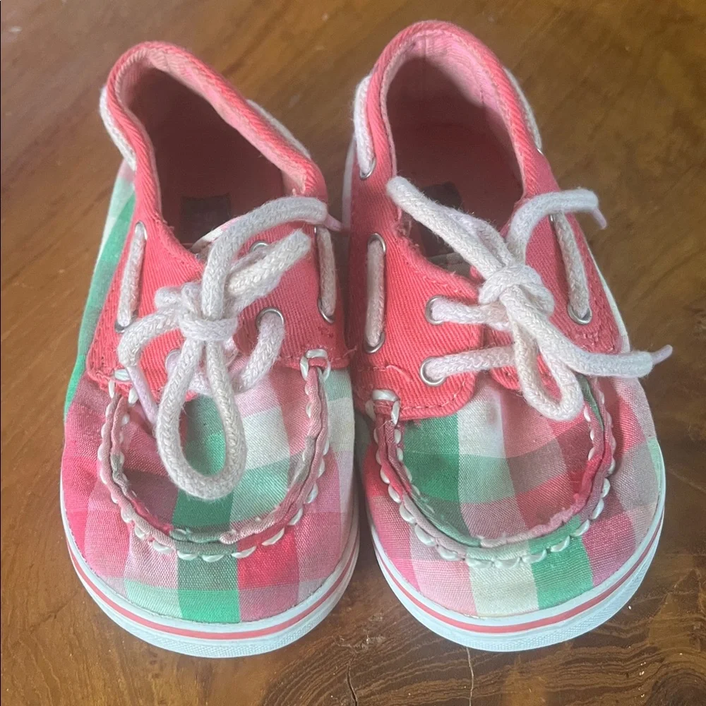Sperry Bahama Crib Top Siders Pink Green Multi Plaid Size 4M